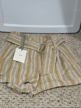 VOY High-Waist Striped Tie-Belt Shorts in Mustard and Cream